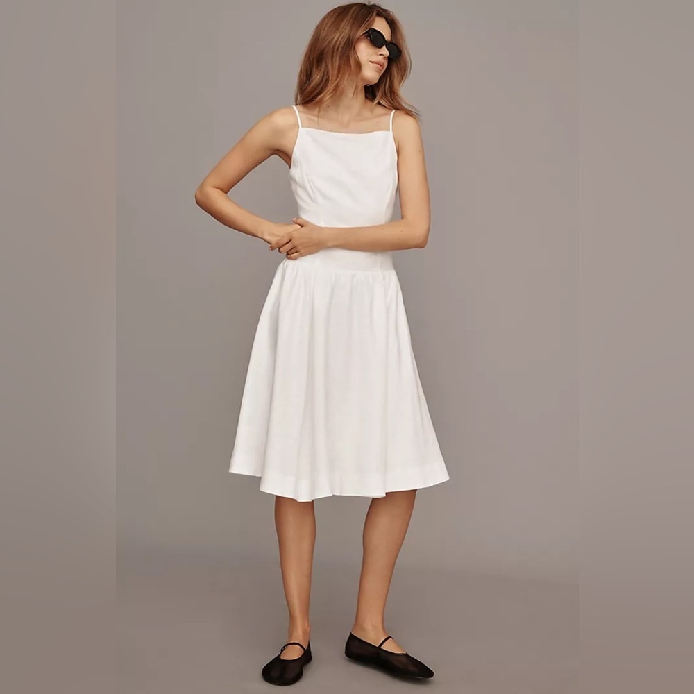 NWT Reformation Clarabelle Linen Drop Waist A Line Square Neck Midi Dress White - Picture 3 of 11